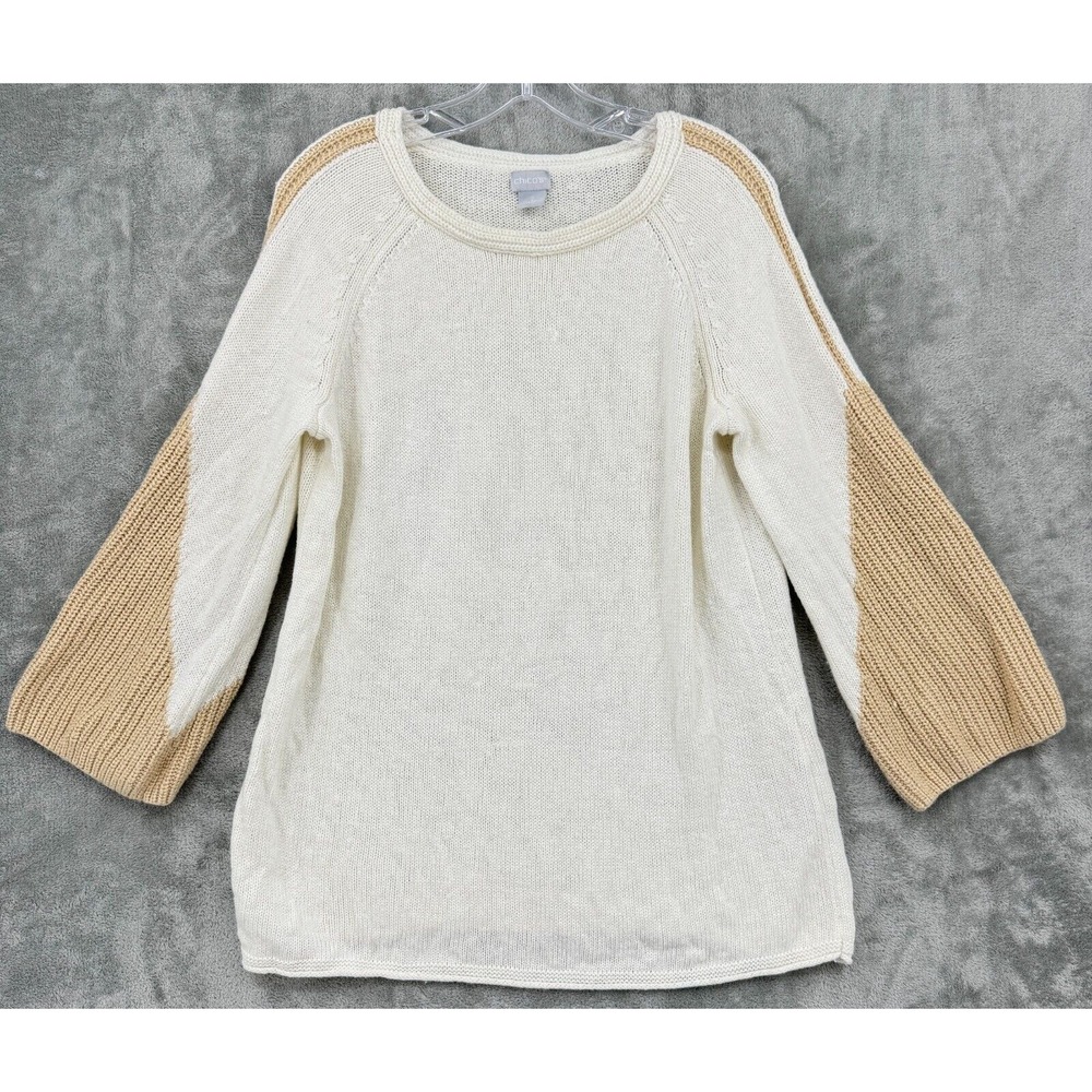 Chicos Sweater 2 US Large 12 Cashmere Blend Pullover Colorblock Cozy Gold Boho